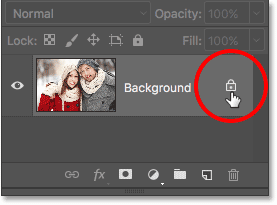 Clicking the Background layer's lock icon. Image © 2016 Photoshop Essentials.com